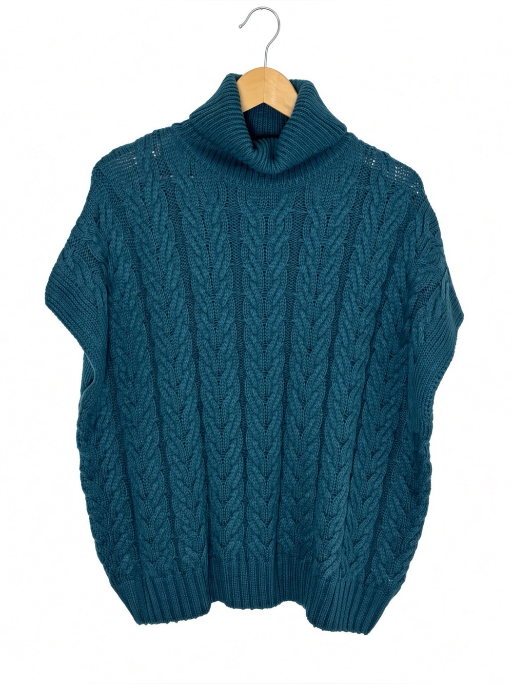 Splendid Teal Cable Knit Short Sleeve Turtleneck Sweater Size M Soft Cozy